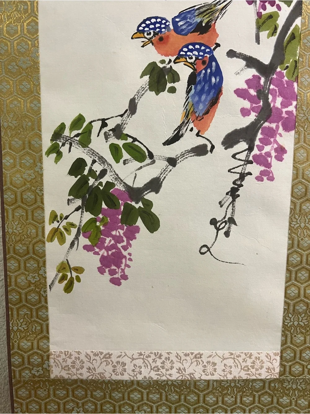 Vintage Korean Ink Wash Scroll Painting - Wisteria Flowers & Birds Wall Hanging
